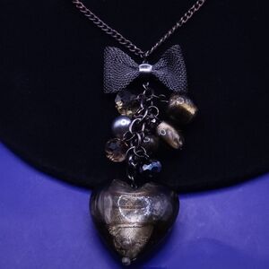 Cookie Lee Gunmetal Necklace Art Glass Heart Pendant Charms Romantic Statement